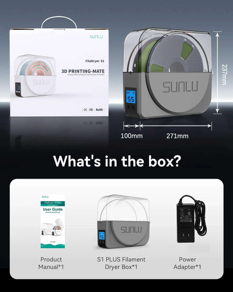 Contents of the Filament Dryer Box S1 Plus package including the dryer box, user manual, and power adapter, featuring moisture removal.