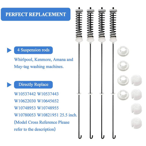 Washer Suspension Rod Kit 26.7 Inch Complete Replacement For Amana Whirlpool Kenmore showing 4 rods and accessories