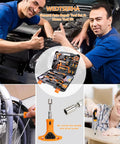 Heavy Duty Ninety Five Piece Tool Kit With Cordless Power Drill And Slick Portable Case For DIY Home Repair Auto Service No Sweat Handyman Projects And Weekend Fix Ups showing toolbox with tools and users performing repairs.