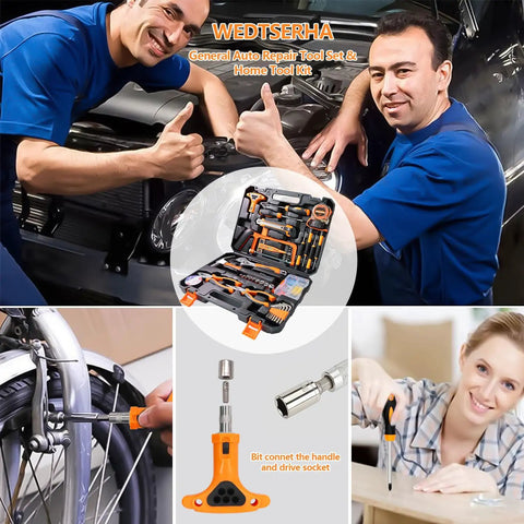 Heavy Duty Ninety Five Piece Tool Kit With Cordless Power Drill And Slick Portable Case For DIY Home Repair Auto Service No Sweat Handyman Projects And Weekend Fix Ups showing toolbox with tools and users performing repairs.