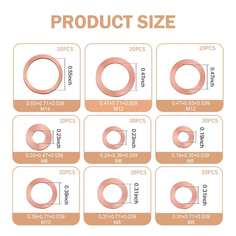 Copper Crush Washer Kit 200 Piece Assortment For Oil Drain Plugs and Gaskets showing 9 sizes M5-M14 in product size chart.