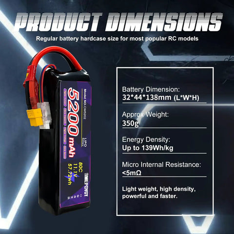 11.1V 3S 5200mAh 80C RC LiPo Battery Pack With XT60 Connector Soft Case dimensions and specs