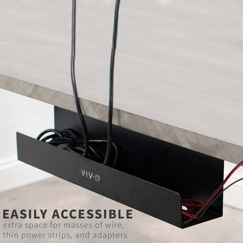 Under Desk Cable Management Tray 16.5 Inch Cord Organizer and Power Strip Holder installed under desk with cables organized