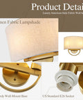 Vintage Linen Fabric Brass Gold Wall Sconce Light for Hallway, Bedroom with linen lampshade and wall-mount base details.