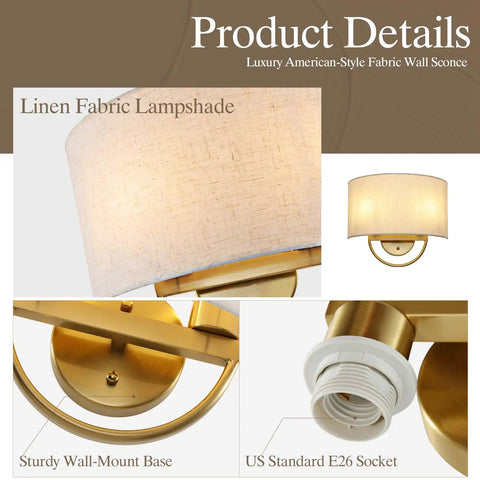 Vintage Linen Fabric Brass Gold Wall Sconce Light for Hallway, Bedroom with linen lampshade and wall-mount base details.