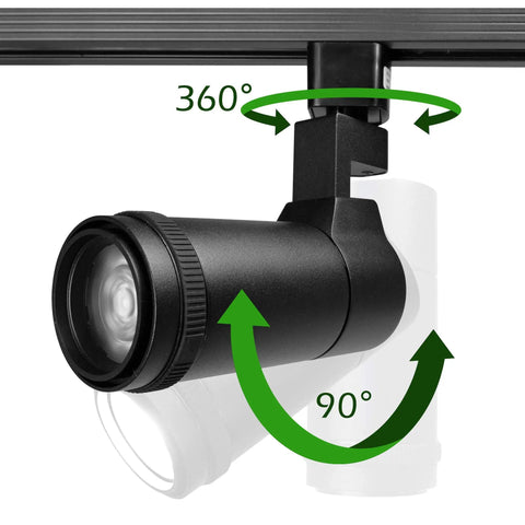 Tiny White LED Track Head Spotlight With Zoomable Beam, Triac Dimming, H-Track Compatible, displayed with rotation angles