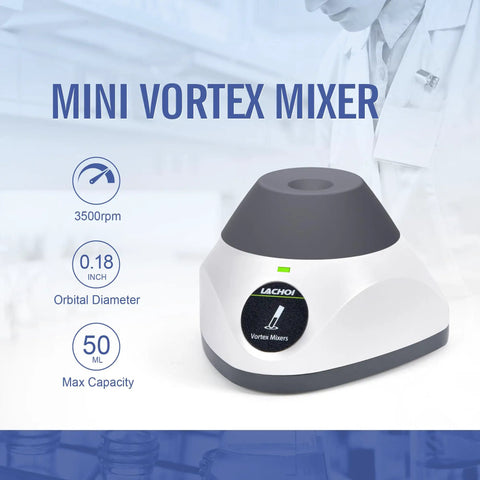 Mini Vortex Mixer 3500 RPM Touch Start No-Wobble Silicone Base 4.5 mm Orbit displayed with 50 ml capacity and details