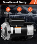 Heavy Duty 5Hp Single Phase Compressor Motor revving at 3450Rpm with dual run capacitors and warning markings on housing.