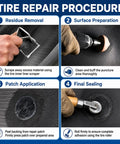 Tire repair steps showing Heavy Duty Tire Patch Tools Kit with 2500 RPM Air Buffer, scraper, patch, and roller application.