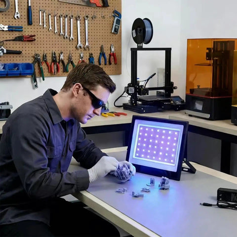 Man using 3D Printer UV Resin Curing Light With Timer For SLA DLP LCD 3D Printers, rapid curing of resin models in workshop