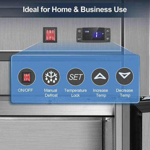 Control panel features of Heavy Duty Commercial Refrigerator And Freezer Combo Sleek Stainless Steel Design with temperature settings.