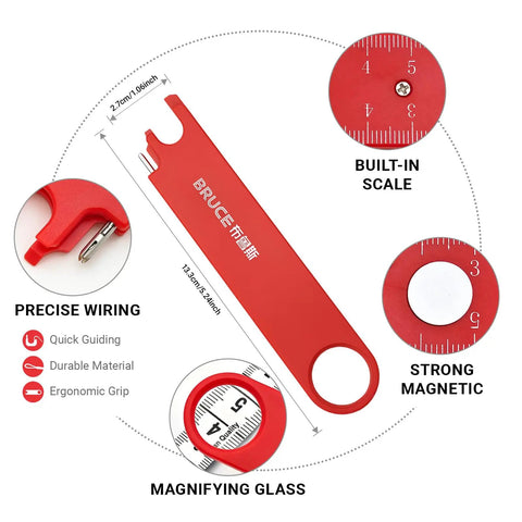 Four In One Automatic Needle Threader with quick threading magnifier lens, magnetic guide, seam rippers, scale shown in red.