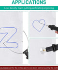 Hot foam cutter pen tool by Amazon, black handheld with fine tip; blue foam shapes being cut