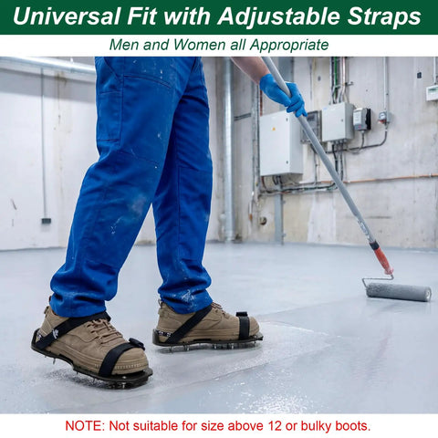 Ten Pair Pro Grade Epoxy Floor Spike Shoes With Three Quarter Inch Short Spikes for Concrete Garage Floors Universal Size Seven To Twelve in use on epoxy floor