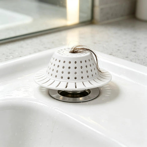 Bathtub Drain Strainer Silicone Bathroom Stopper Fixture in white, preventing hair clogs in the bathtub drain.