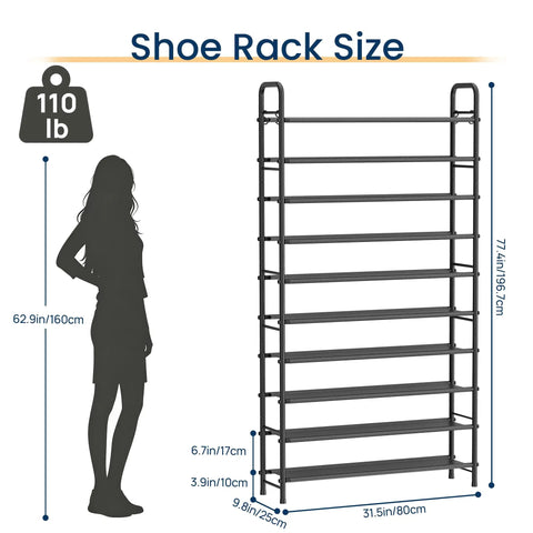 Heavy Duty 10 Tier Shoe Rack Garage Storage Maxes Out Your Space Fitting 44 Pairs Of Adult Kicks With Ease Black Steel Vertical Organizer For Apartments Mudrooms And Closets