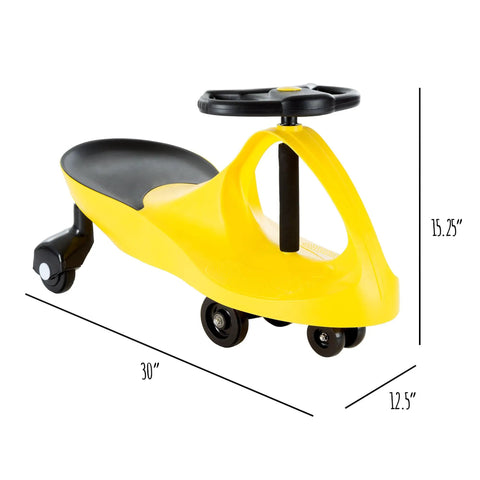 Twist And Go Wiggle Ride On Car For Kids Three Plus Zero Cords Motor Skill Boosting Ride No Battery Hassle Pedal Free floor toy in yellow.