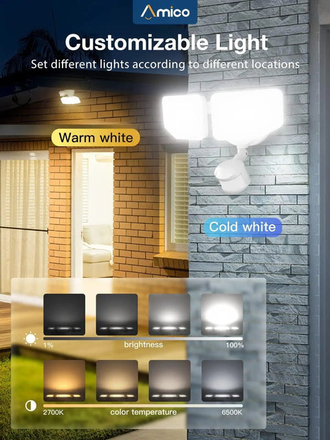 Smart Outdoor LED Motion Sensor Flood Lights With Dual 2-Head Design, 40W 4000-Lumen Security Floodlights displayed on a wall
