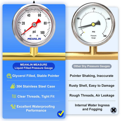 Industrial stainless steel pressure gauge with glycerol filling and stable pointer for accurate measurement comparison.