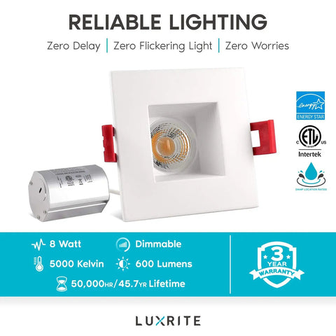 2 Inch Square LED Recessed Light With Junction Box 8W 50W Equivalent 5000K Bright White 600 Lumens Dimmable Downlight Damp Rated