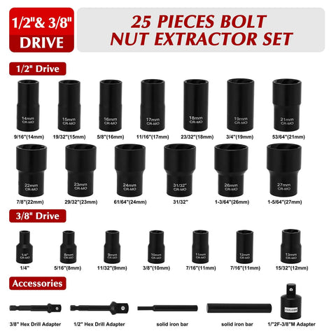 25 Piece Bolt Nut Extractor Set With Three Eighths Inch And One Half Inch Drive Heavy Duty Impact Lug Nut Remover Sockets display