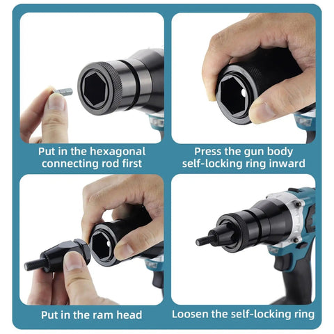 Heavy Duty Cordless Electric Rivet Nut Gun With Automatic Fastening For M3 Through M12 Nuts Built Tough showing hexagonal connecting rod installation process.