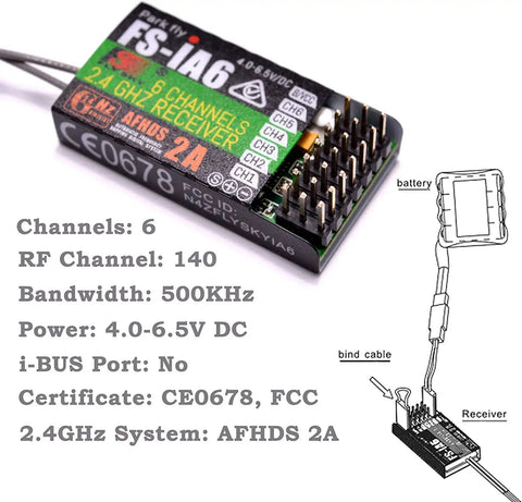 FS IA6 receiver for Beefy Rock Solid AFHDS 2A 2.4GHz 6CH RC Transmitter illustrated with setup diagram and specs.