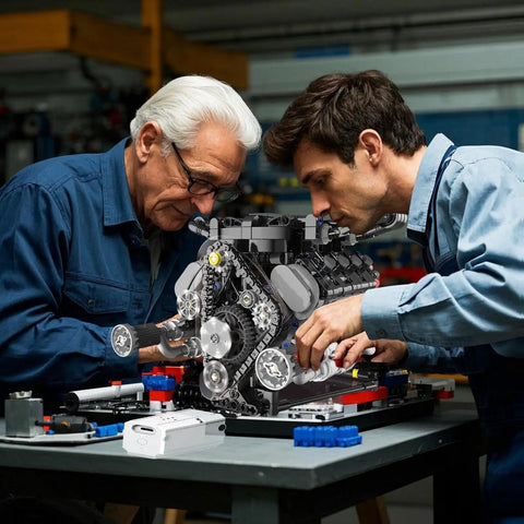 Two adults assembling 8 Cylinder Visible Engine Kit With App Controls, Build Your Own Mini Engine Model With 715 Plus Pieces