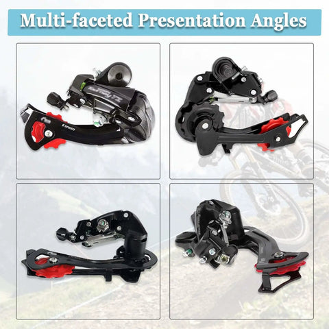 Direct Mount 6 Speed Bicycle Rear Derailleur With Bracket In Red for Smooth Shifting on 6 Speed Drivetrains, multiple angles