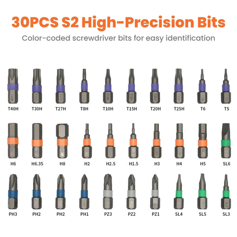 30 high-precision color-coded bits for Dope Magnetic Bit Driver And Mini Ratchet Set With A 72 Teeth Bidirectional Ratchet And 70 Nm Torque