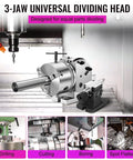 Workhorse Rotary Indexing Head With Three Jaw Chuck And Separate Tailstock For No Sweat Alignment During Precision Milling Drilling Tasks Eight Inch Version in use, showcasing drilling and cutting capabilities.