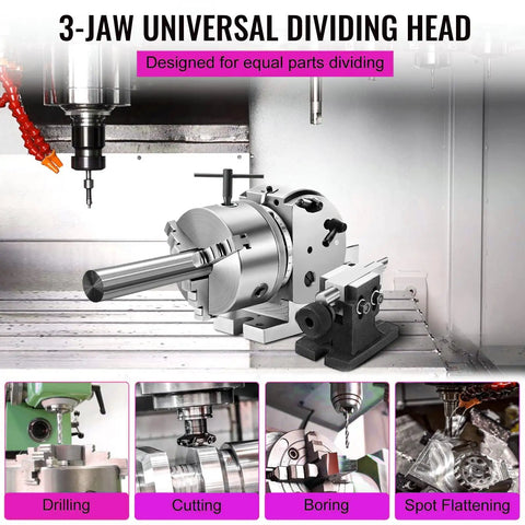 Workhorse Rotary Indexing Head With Three Jaw Chuck And Separate Tailstock For No Sweat Alignment During Precision Milling Drilling Tasks Eight Inch Version in use, showcasing drilling and cutting capabilities.