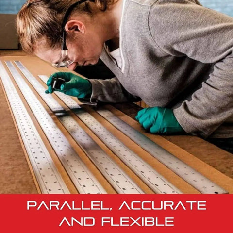 Person measuring with Go-To 72 Inch Aluminum Straight Edge Rule For Shops And Schools Pro Woodworkers And Metalworkers Trust Two Inch Wide One Eighth Inch Thick With English Scale In One Eighth And One Sixteenth Increments Ultra Smooth Surface For Snag Free Measurements