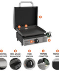 Stainless Steel Propane Gas Portable Flat Top Griddle Station For Outdoor Kitchens Camping Tailgate Ready And Tabletop Cooking 17 Inch 12,000 BTU Heavy Duty Easy Cleanup Versatile Breakfast And Burgers front view