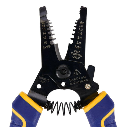 Close-up of Wire Stripper And Cutter 6 Inch With ProTouch Grips displaying spring assist jaw and AWG markings