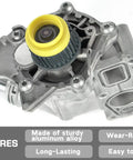 Electric Engine Water Pump Assembly For Audi And VW 2.0L Cars 2008 2016, highlighting features like aluminum alloy, wear resistance.