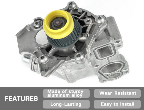 Electric Engine Water Pump Assembly For Audi And VW 2.0L Cars 2008 2016, highlighting features like aluminum alloy, wear resistance.