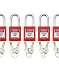 Lockout Tagout Box Kit With Five Loto Locks Portable Safety Station Built Tough Steel Box With Clear Acrylic Sides For Easy Visual Checks And Quick Lockout Procedures On Busy Job Sites showing five red locks with keys