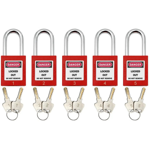 Lockout Tagout Box Kit With Five Loto Locks Portable Safety Station Built Tough Steel Box With Clear Acrylic Sides For Easy Visual Checks And Quick Lockout Procedures On Busy Job Sites showing five red locks with keys