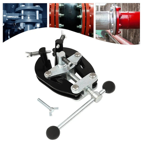 Solid Steel Pipe Alignment Clamp Model A1 Welding Positioner Tool For Accurate Tack And Perfect Fit Ups On Jobsites Without Slippage Or Rust, close-up view of assembly