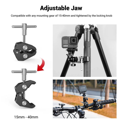 Beefy Clamp Mount with Mini Ball Head for Desk or Rig holding a camera on a tripod and a bike handlebar, adjustable 15-40mm jaw