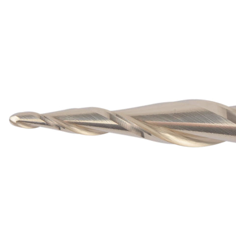 SpeTool tapered ball nose end mill, 1/4 in shank, 1/32 in radius, ZrN coated, close-up view.