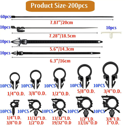 200 Piece All In One Wire Loom Routing Clip Kit showcasing clip sizes and types for automotive wiring harness replacement.