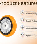 Rock Solid Heavy Duty Industrial Caster Wheel Replacement Featuring Eight Inch Rolling Thru Axle Design and Five Eighth Inch Mounting Bore, showcasing stable orange wheel.
