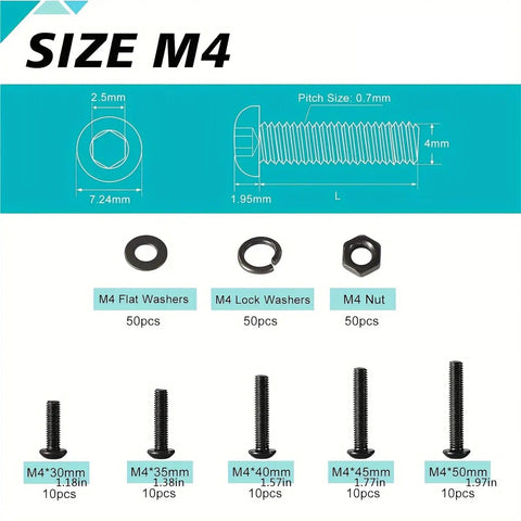 200 Piece M4 Hex Socket Head Cap Screws Kit With 10.9 Alloy Steel Black Bolts Nuts Washers Assortment For DIY Projects Automotive Bike Repairs Ideal For Quick Fix Auto Repair Home Improvement And Gearhead Projects. M4 screws with washers and nuts