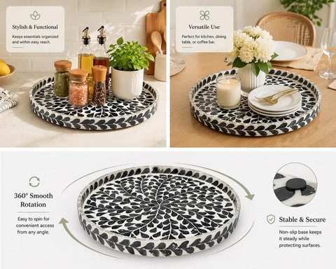 Game Changing 12.5 Inch Wooden Lazy Susan Turntable with a Sharp Black Leaf Design and Authentic Mother Of Pearl Inlay.