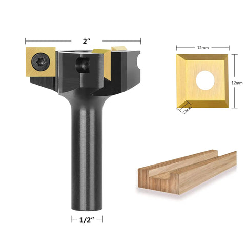 Durable Heavy Duty CNC Spoilboard Surfacing Router Bit With Half Inch Shank And Two Inch Cutting Diameter Three Wing Carbide Insert Planer For Flattening Slab Surfaces And Wood Bottom Cleaning