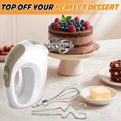Top Shelf 5 Speed Electric Hand Mixer With Five Heavy Duty Stainless Steel Whisks And A Workhorse 120 Watt Motor For Killing It On Every Bake And Piping Smooth Frosting No Sweat In Classic White with dessert