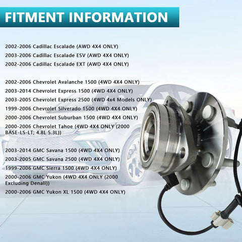 Fitment chart next to Pair Front Wheel Bearing Hub Assembly 515036 Two Pack For Cadillac Escalade EXT ESV 2002 2006 Express 1500 2500 Suburban Tahoe Silverado GMC Sierra Savana Yukon 1999 2014 AWD 4WD.