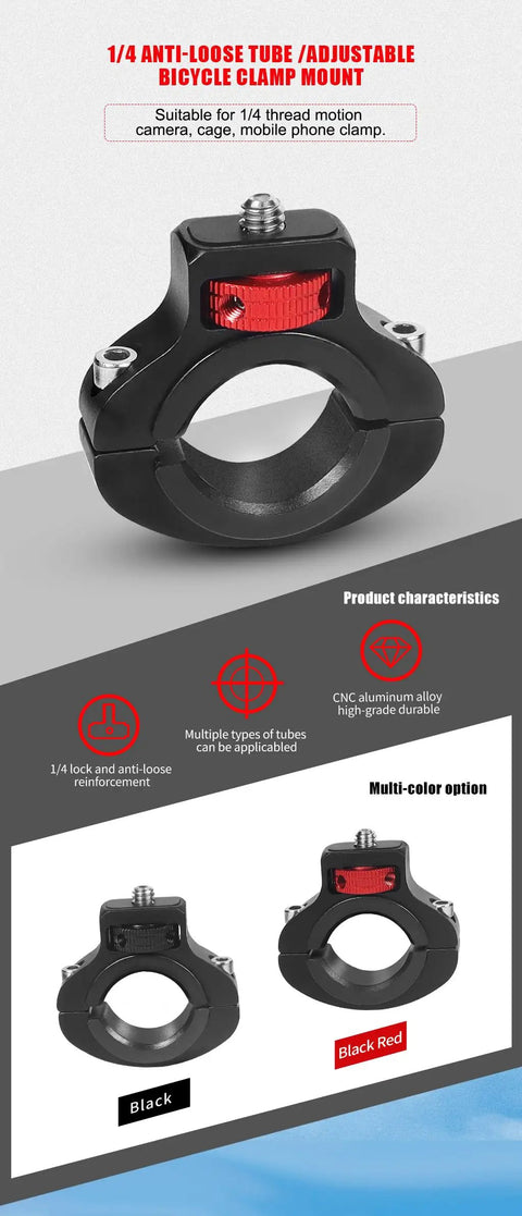 Motorcycle Handlebar Clip Mount With One Quarter Inch Screw, black aluminum, adjustable for 22-32 mm bars, CNC machined.